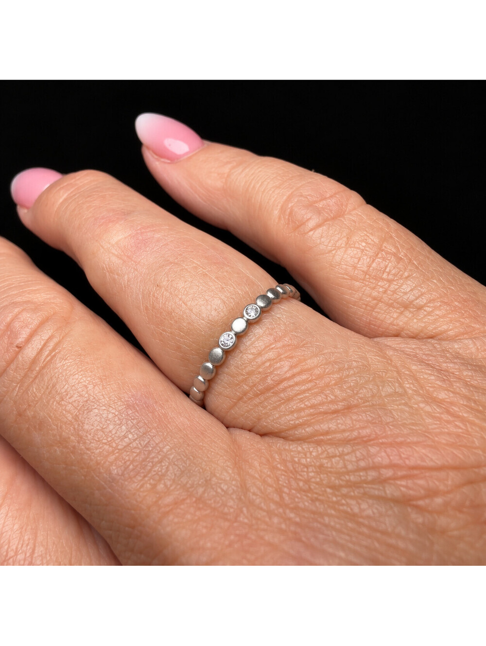 925 Sterling Silver Beaded Stacking Band Ring Clear Stone Accents Size 10